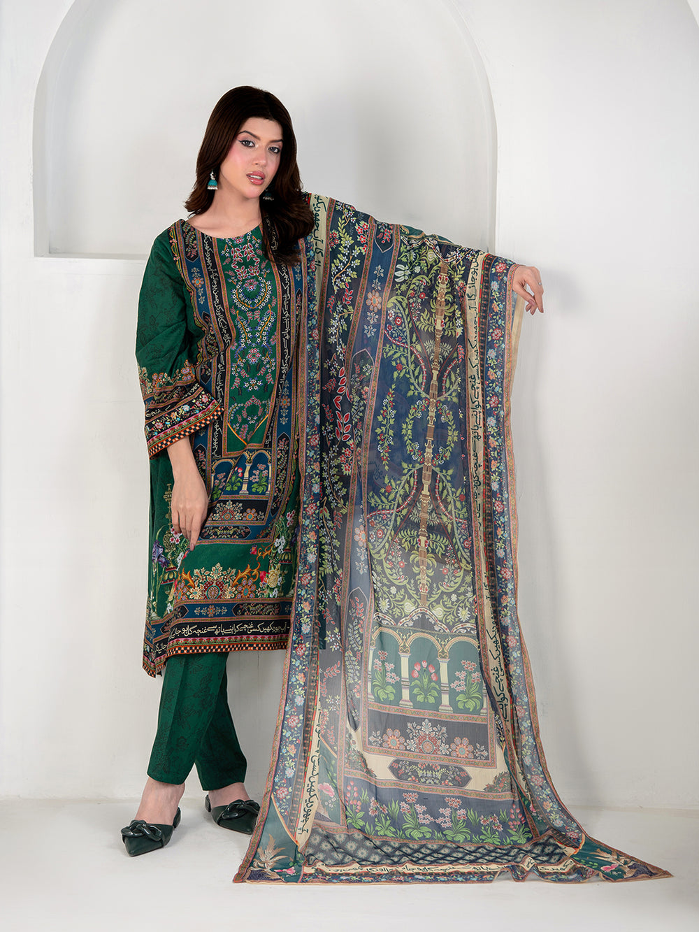 Elegant Emerald Green 3-Piece Printed Suit For Women