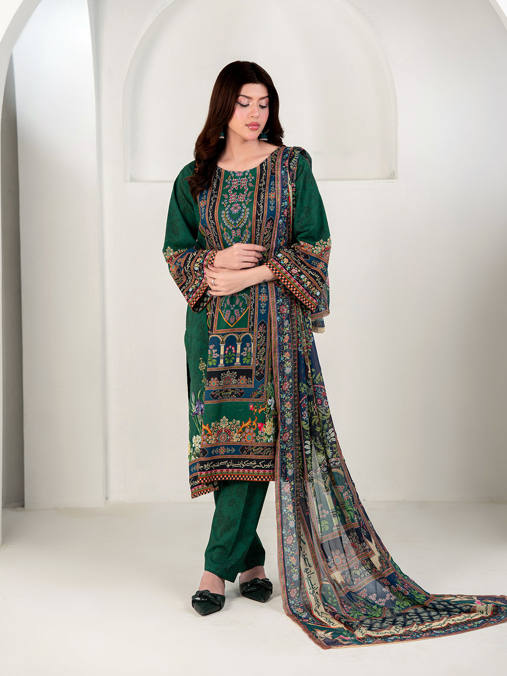 Elegant Emerald Green 3-Piece Printed Suit For Women