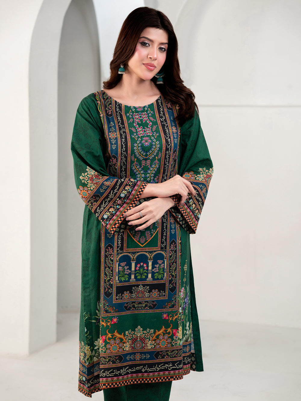 Elegant Emerald Green 3-Piece Printed Suit For Women