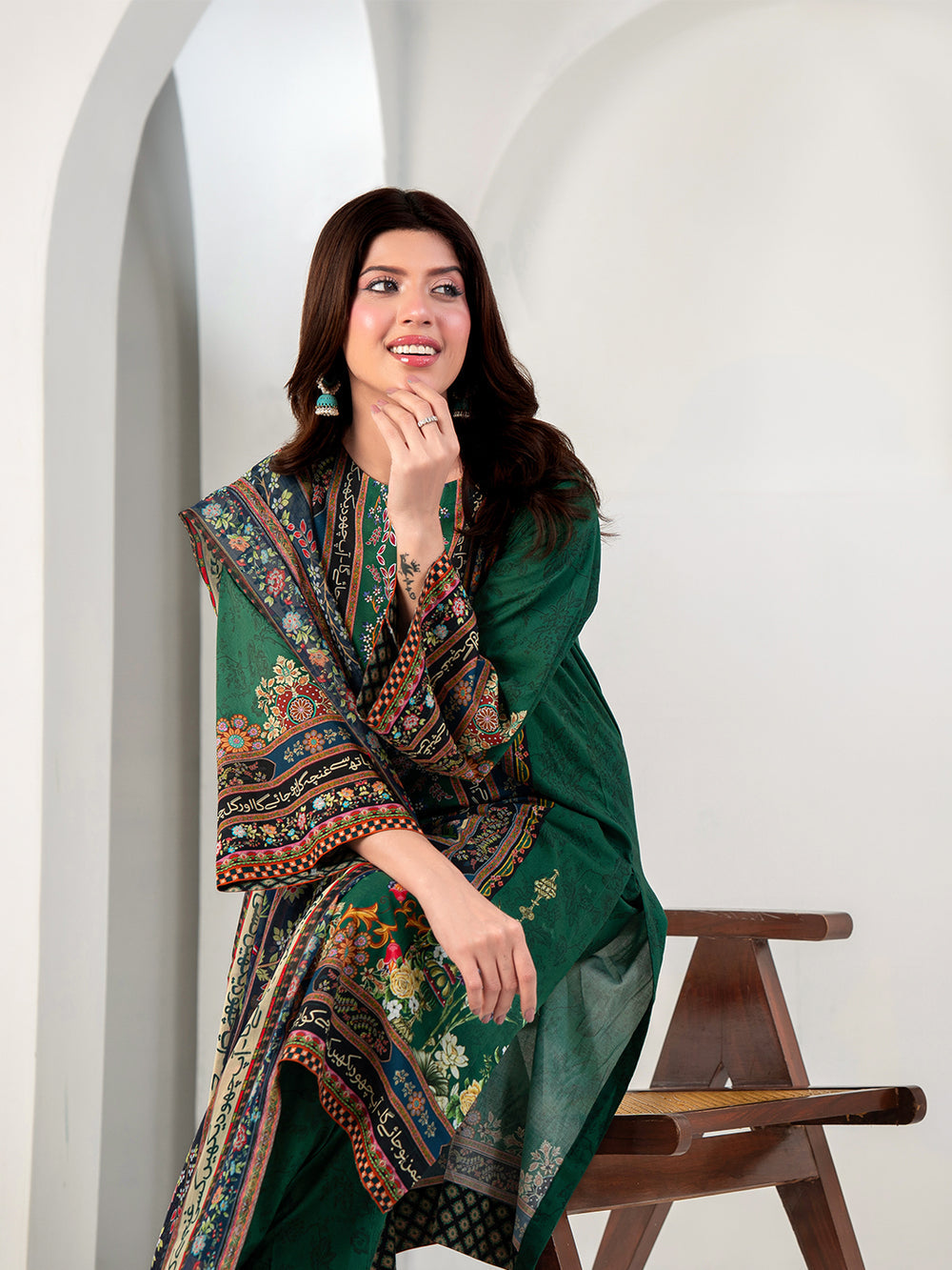 Elegant Emerald Green 3-Piece Printed Suit For Women