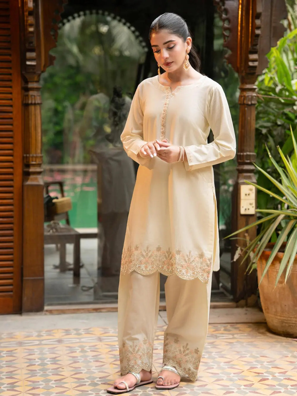 Ivory Beige Embroidered Cambric 2-Piece Suit For Women