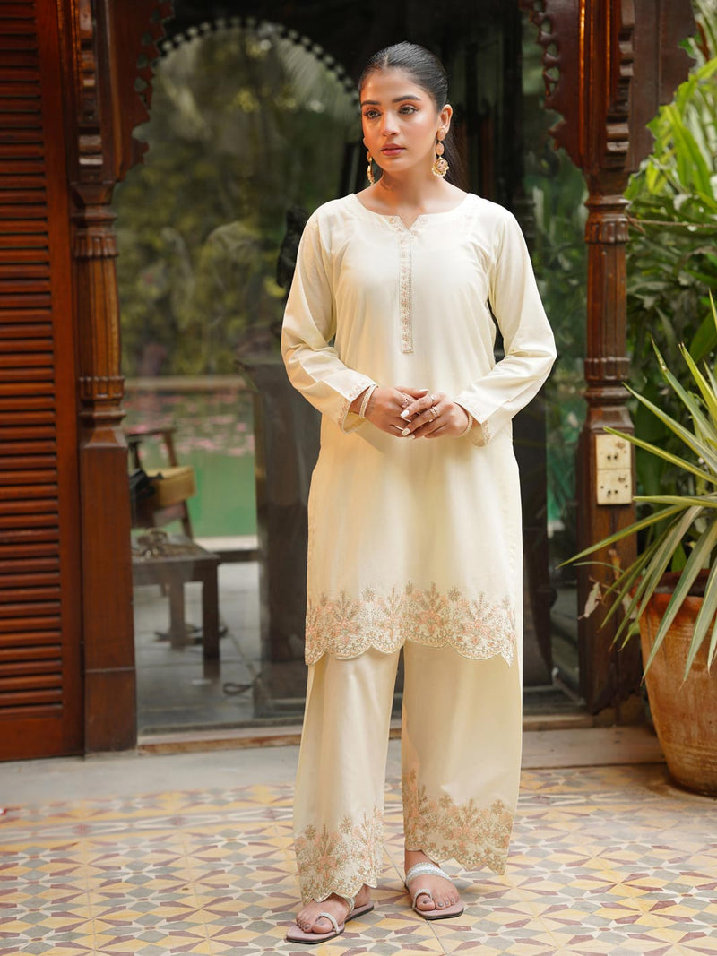 Soft Ivory 2-Piece Embroidered Cambric Suit For Women