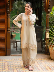 Ivory Beige Embroidered Cambric 2-Piece Suit For Women