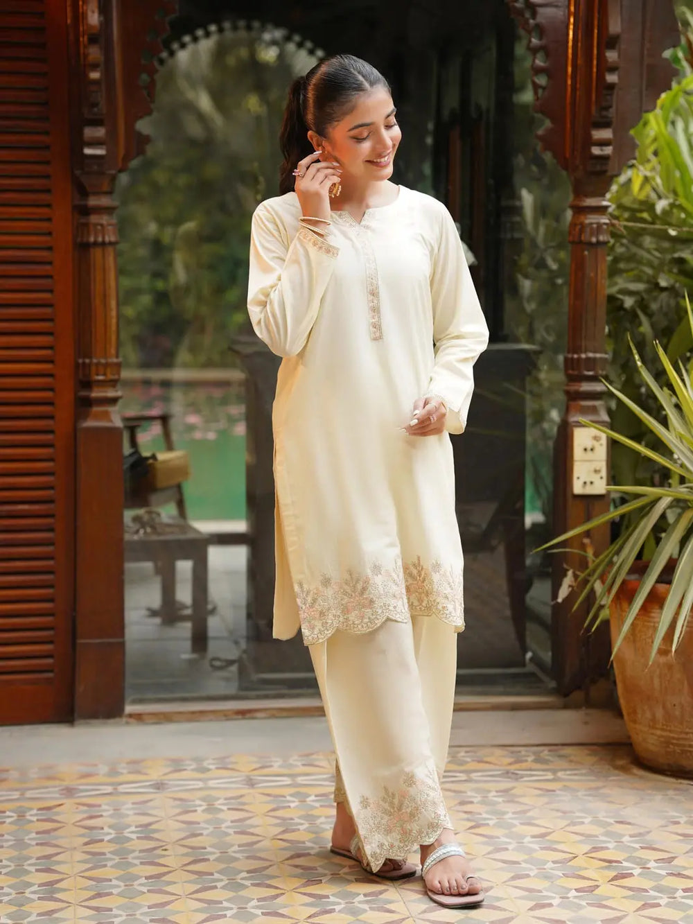 Ivory Beige Embroidered Cambric 2-Piece Suit For Women