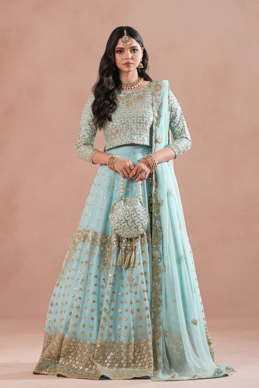Sky Blue Royal Embroidered Chiffon Lehenga For Women