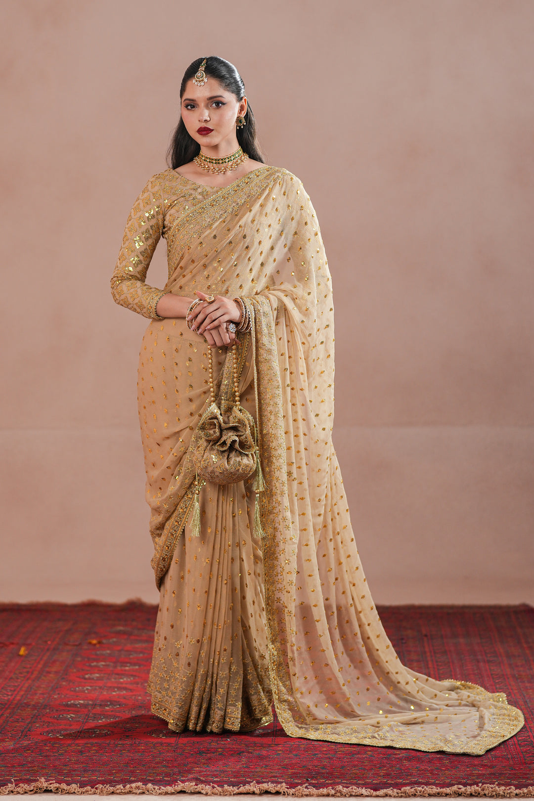 Golden Royal Embroidered Chiffon Saree For Women