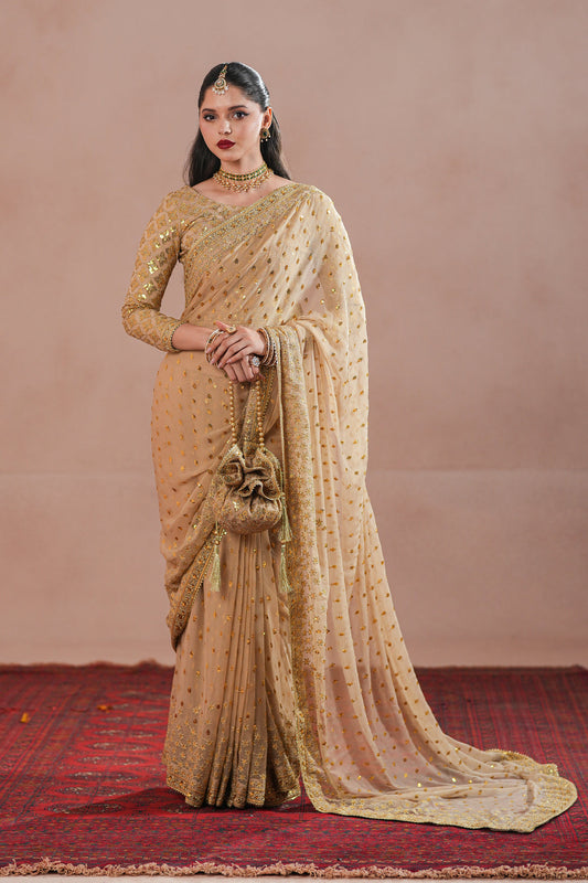 Golden Royal Embroidered Chiffon Saree For Women