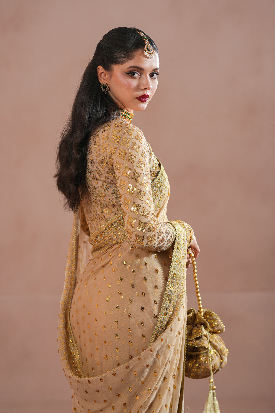 Golden Royal Embroidered Chiffon Saree For Women