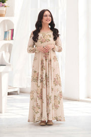 Ayzel Cream & Brown Georgette Chiffon Frock with Dupatta For Women