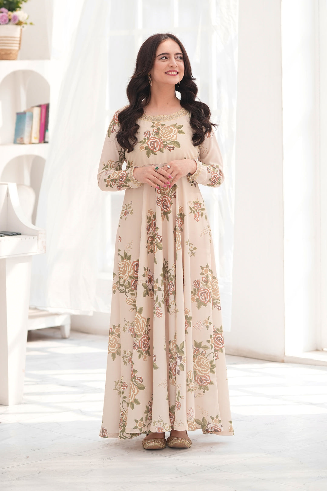 Ayzel Cream & Brown Georgette Chiffon Frock with Dupatta For Women