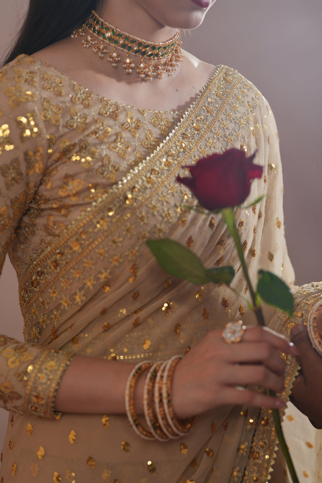 Golden Royal Embroidered Chiffon Saree For Women