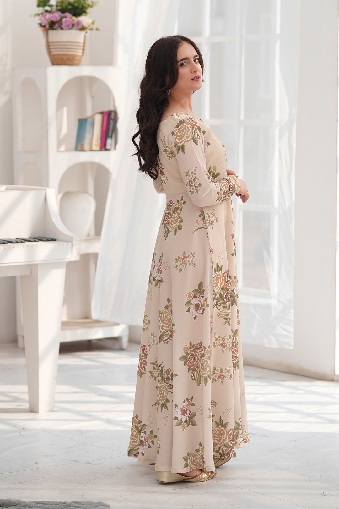 Ayzel Cream & Brown Georgette Chiffon Frock with Dupatta For Women
