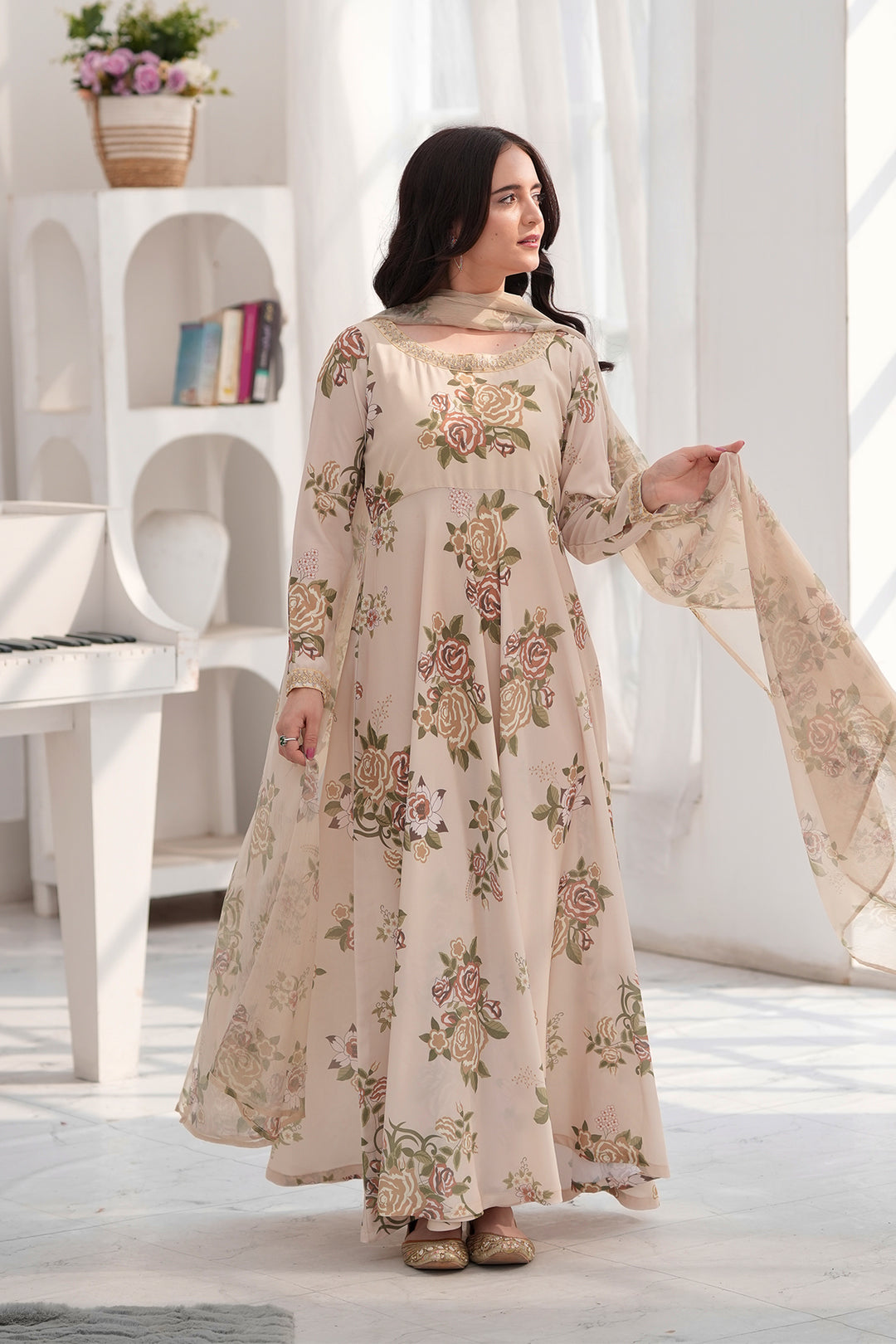Ayzel Cream & Brown Georgette Chiffon Frock with Dupatta For Women