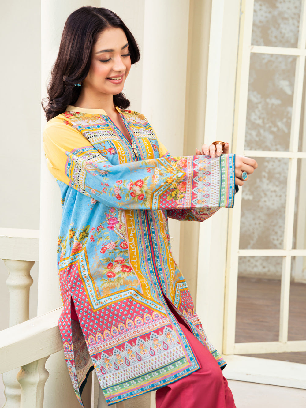 Sky Blue & Pink 2-Piece Printed Suit For Women