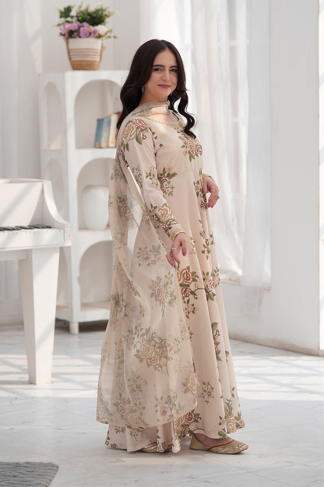 Ayzel Cream & Brown Georgette Chiffon Frock with Dupatta For Women