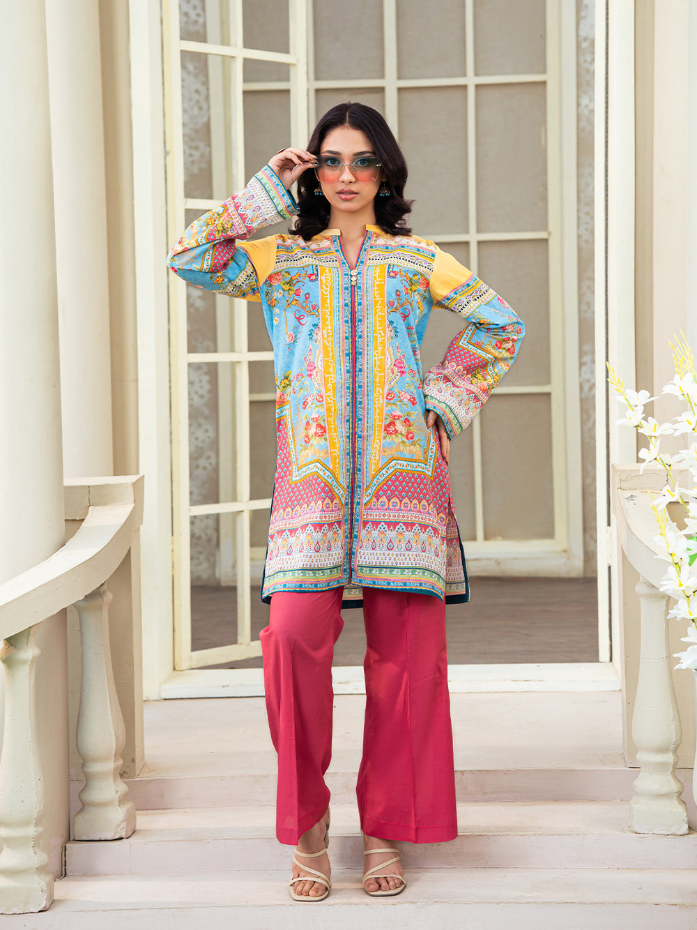 Sky Blue & Pink 2-Piece Printed Suit For Women