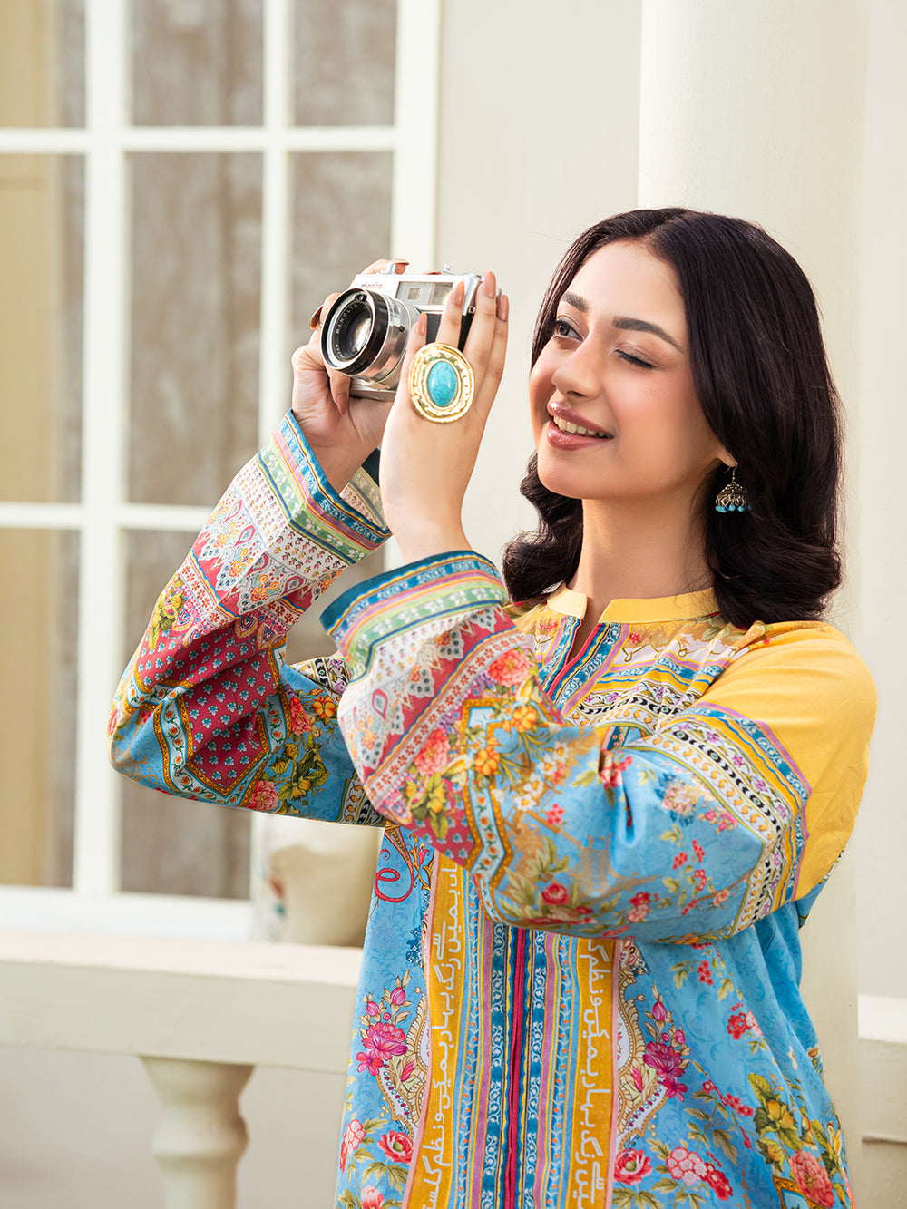 Sky Blue & Pink 2-Piece Printed Suit For Women