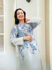 Ivory White 2-Piece Printed Suit with Blue Floral Design For Women