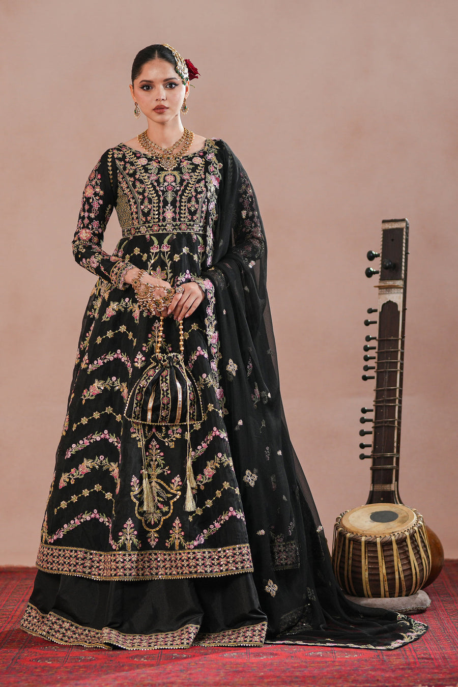 Black Royal Embroidered Organza Frock For Women