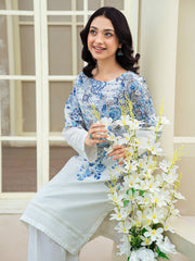 Ivory White 2-Piece Printed Suit with Blue Floral Design For Women