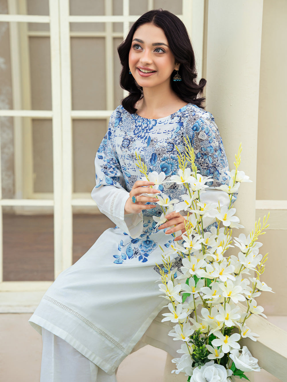 Ivory White 2-Piece Printed Suit with Blue Floral Design For Women