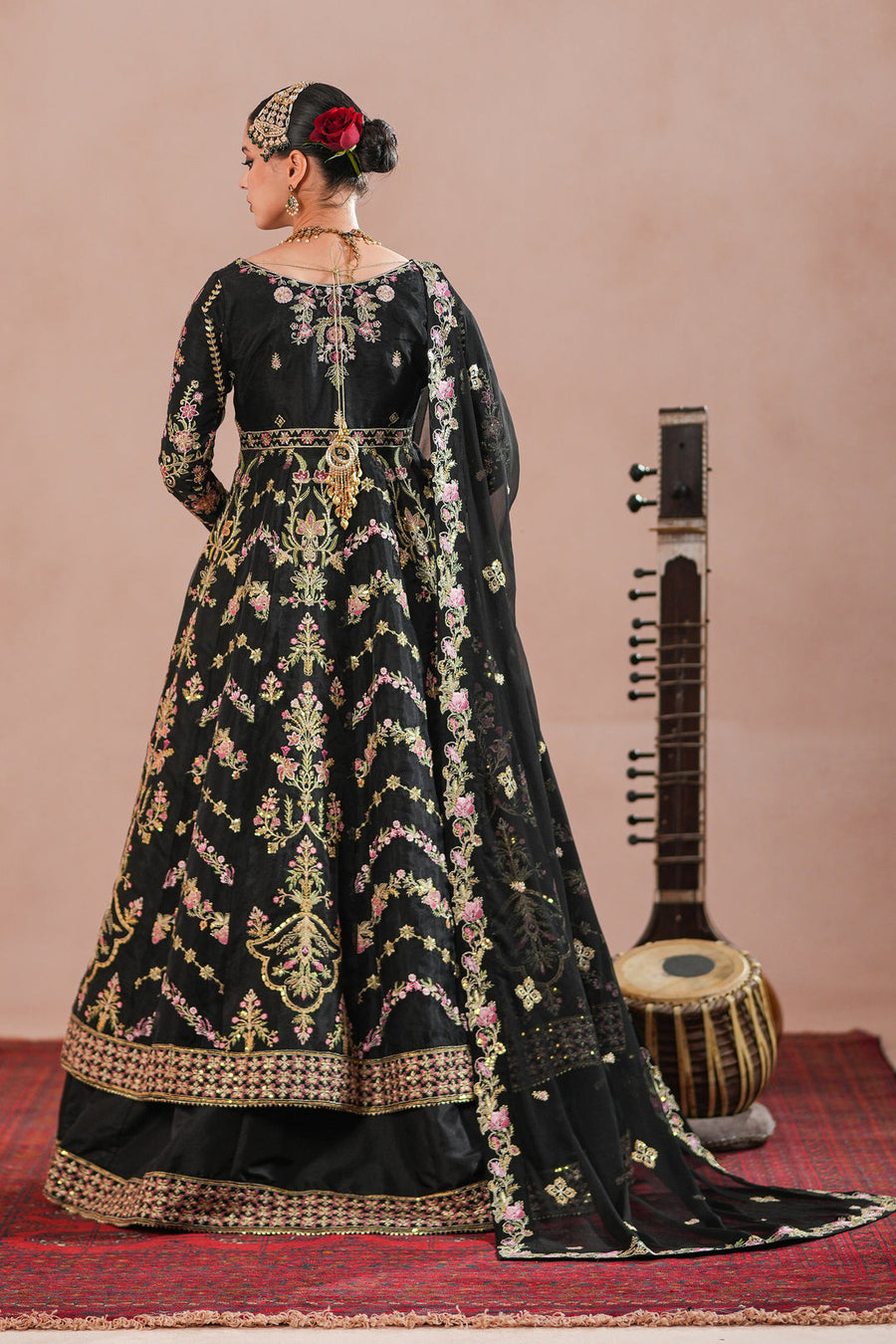 Black Royal Embroidered Organza Frock For Women