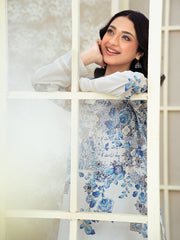 Ivory White 2-Piece Printed Suit with Blue Floral Design For Women