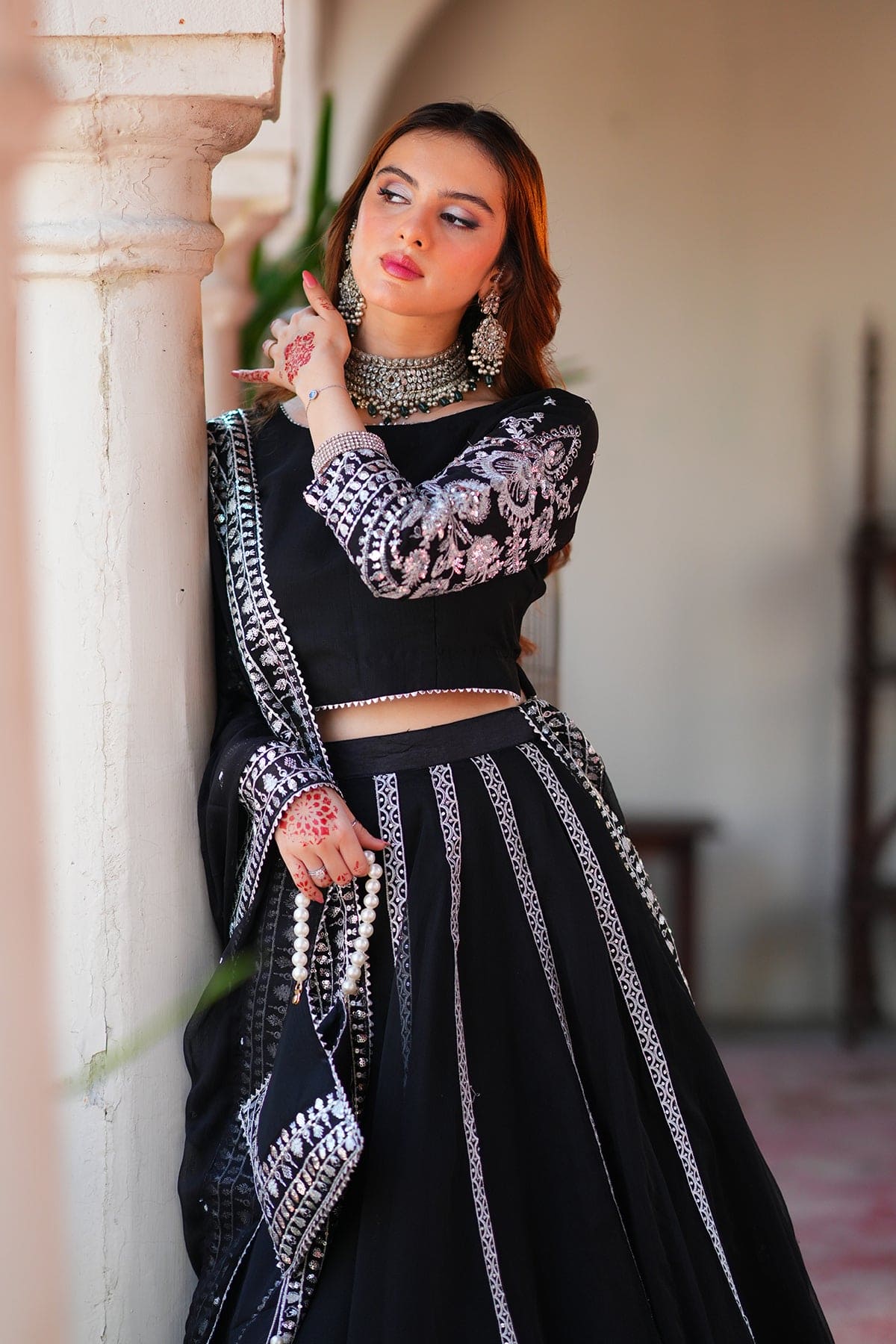 Sahiba Black Chiffon & Silk Lehenga Choli with Dupatta For Women