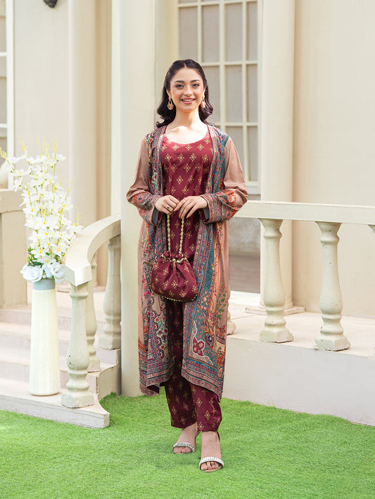 Maroon 3-Piece Poly Crepe Printed Suit For Women
