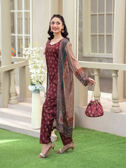 Maroon 3-Piece Poly Crepe Printed Suit For Women