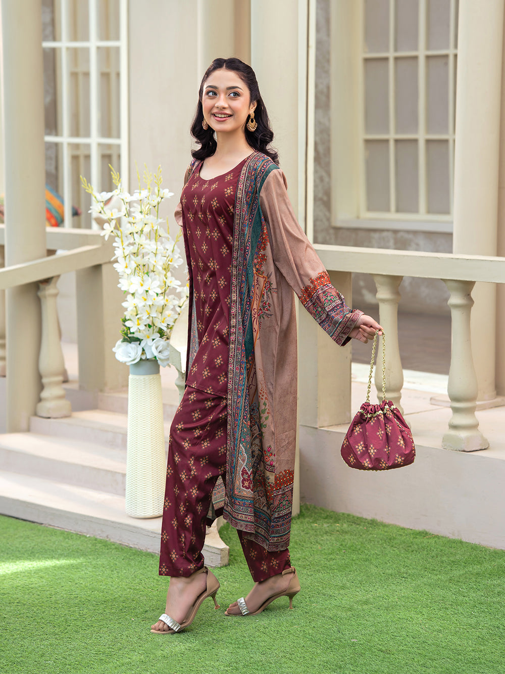 Maroon 3-Piece Poly Crepe Printed Suit For Women