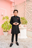 Stunning Black Jamawar Sherwani in Luxurious Fabric For Boys