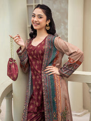 Maroon 3-Piece Poly Crepe Printed Suit For Women