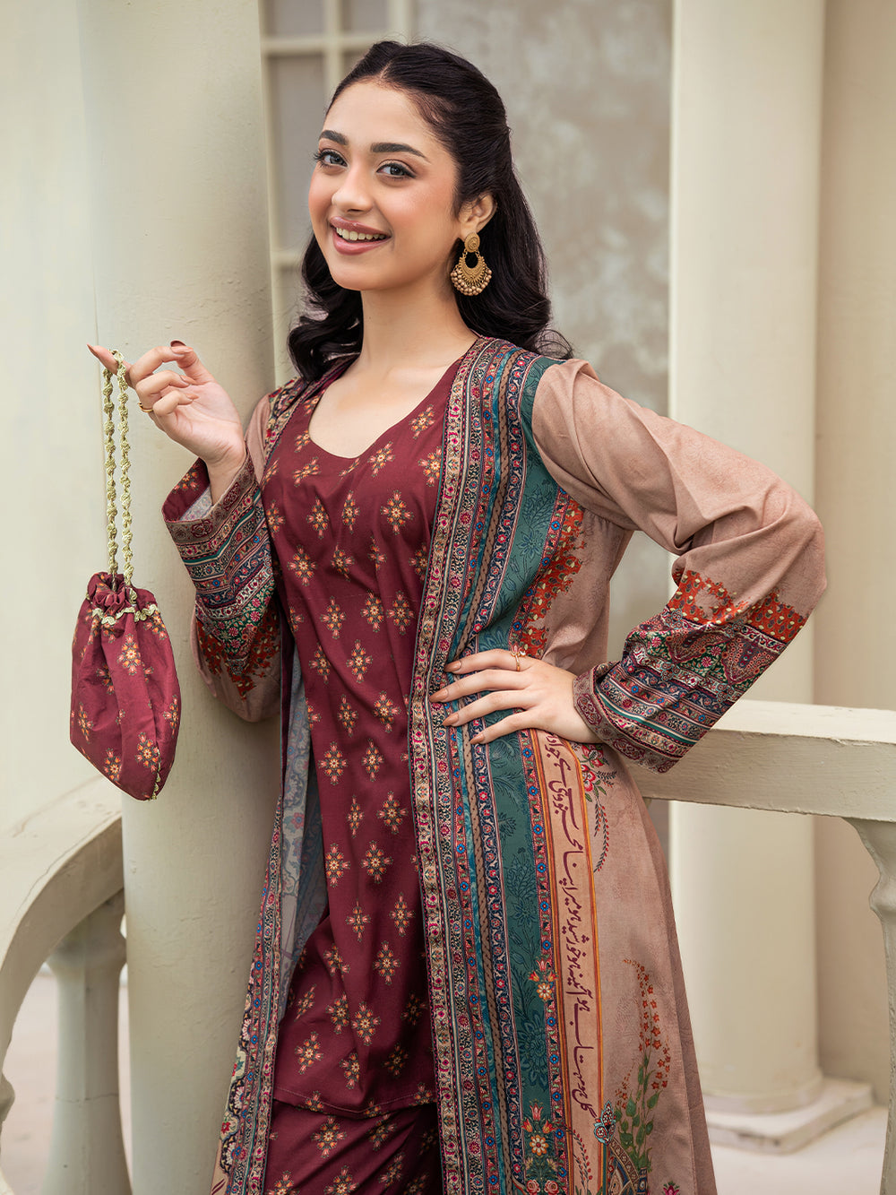Maroon 3-Piece Poly Crepe Printed Suit For Women