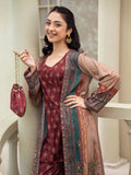 Maroon 3-Piece Poly Crepe Printed Suit For Women