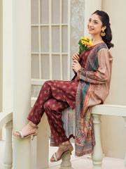 Maroon 3-Piece Poly Crepe Printed Suit For Women