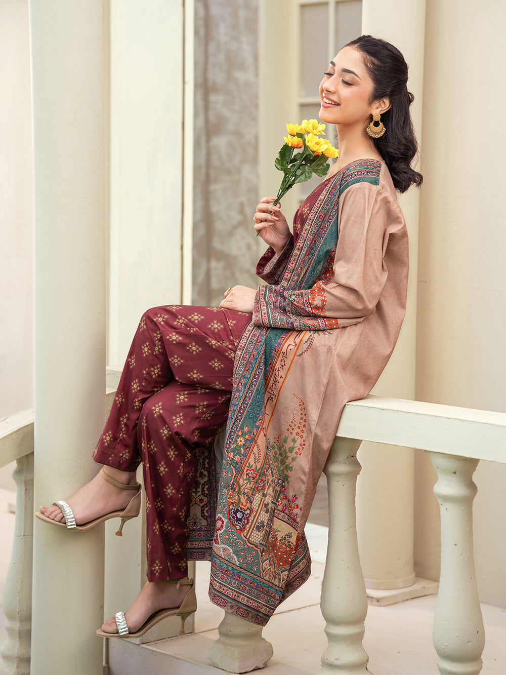 Maroon 3-Piece Poly Crepe Printed Suit For Women