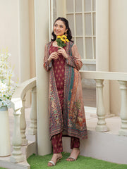 Maroon 3-Piece Poly Crepe Printed Suit For Women