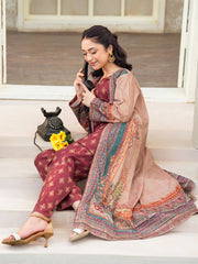 Maroon 3-Piece Poly Crepe Printed Suit For Women