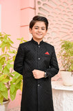 Stunning Black Jamawar Sherwani in Luxurious Fabric For Boys