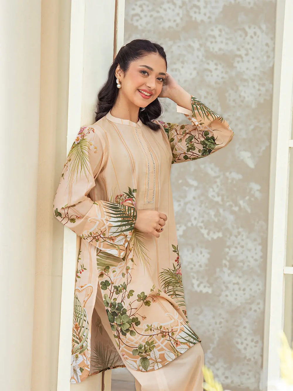 Peach Beige Floral Printed 2-Piece Suit For Women