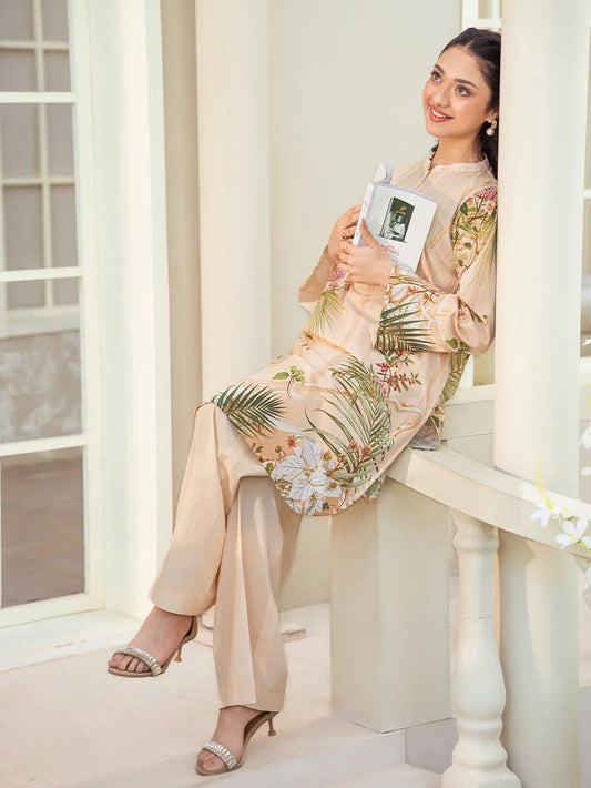 Peach Beige Floral Printed 2-Piece Suit For Women