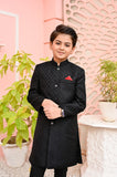 Stunning Black Jamawar Sherwani in Luxurious Fabric For Boys