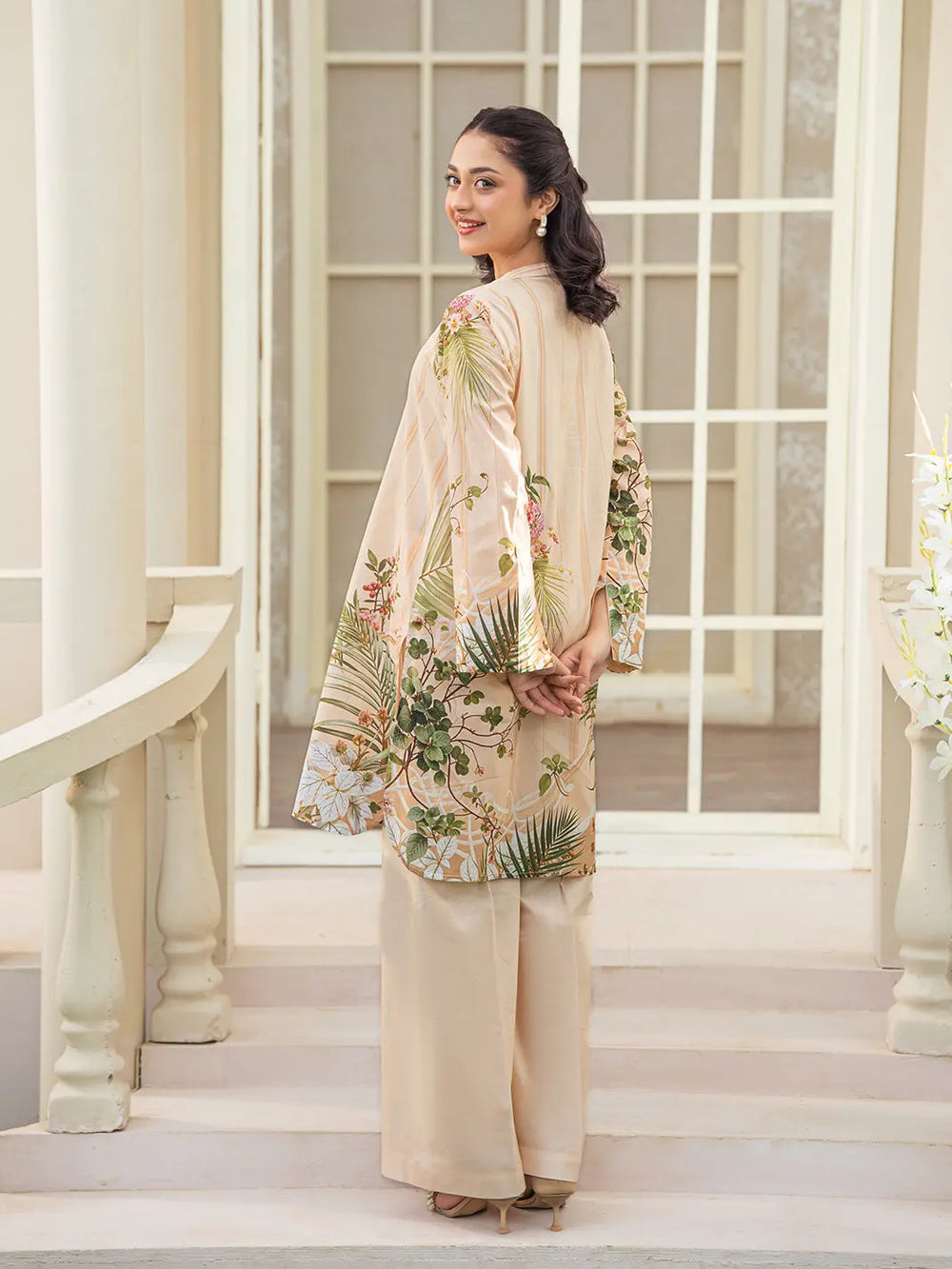 Peach Beige Floral Printed 2-Piece Suit For Women