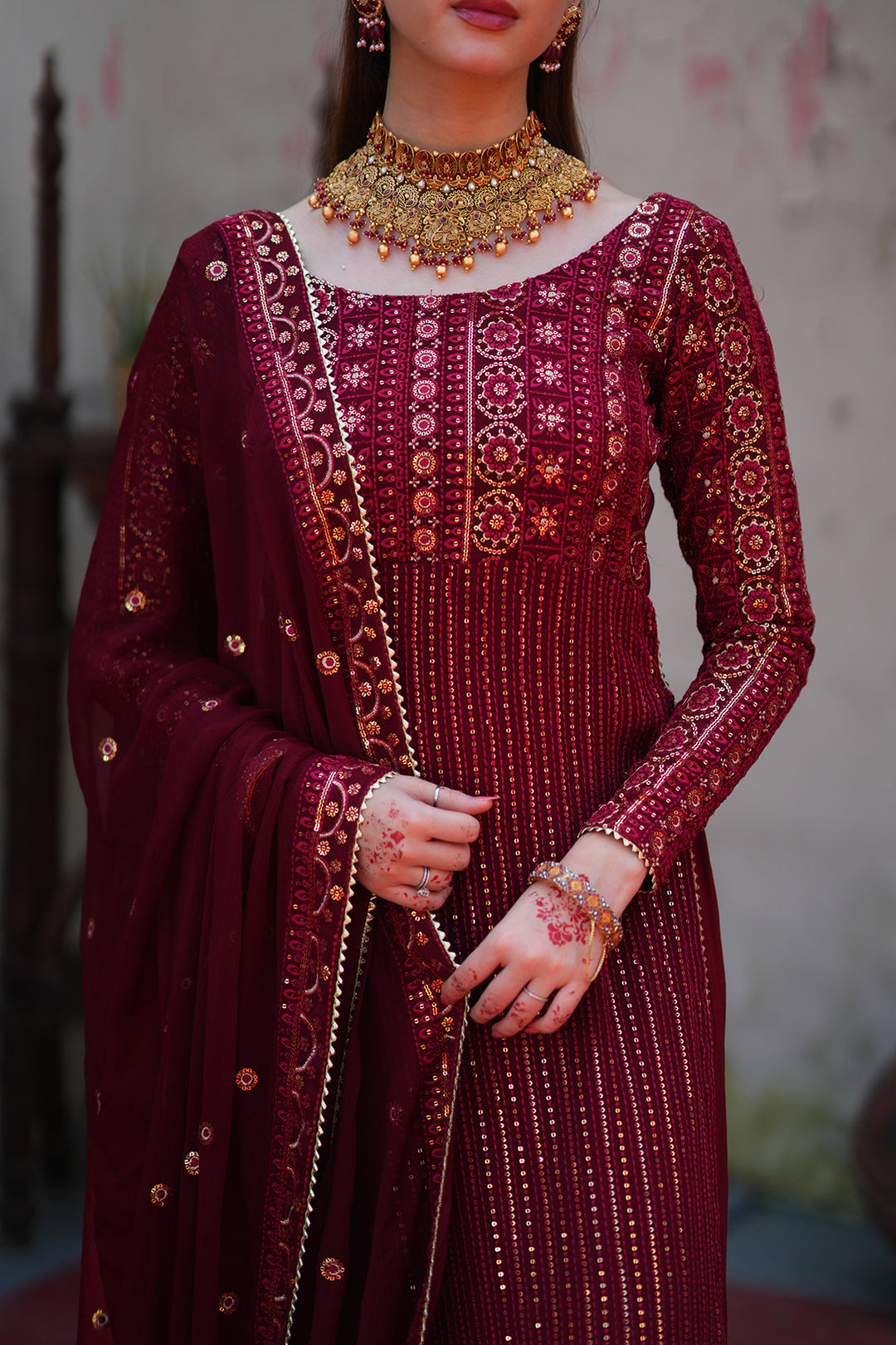 Mashal Maroon Long Shirt Sharara with Chiffon Dupatta For Women