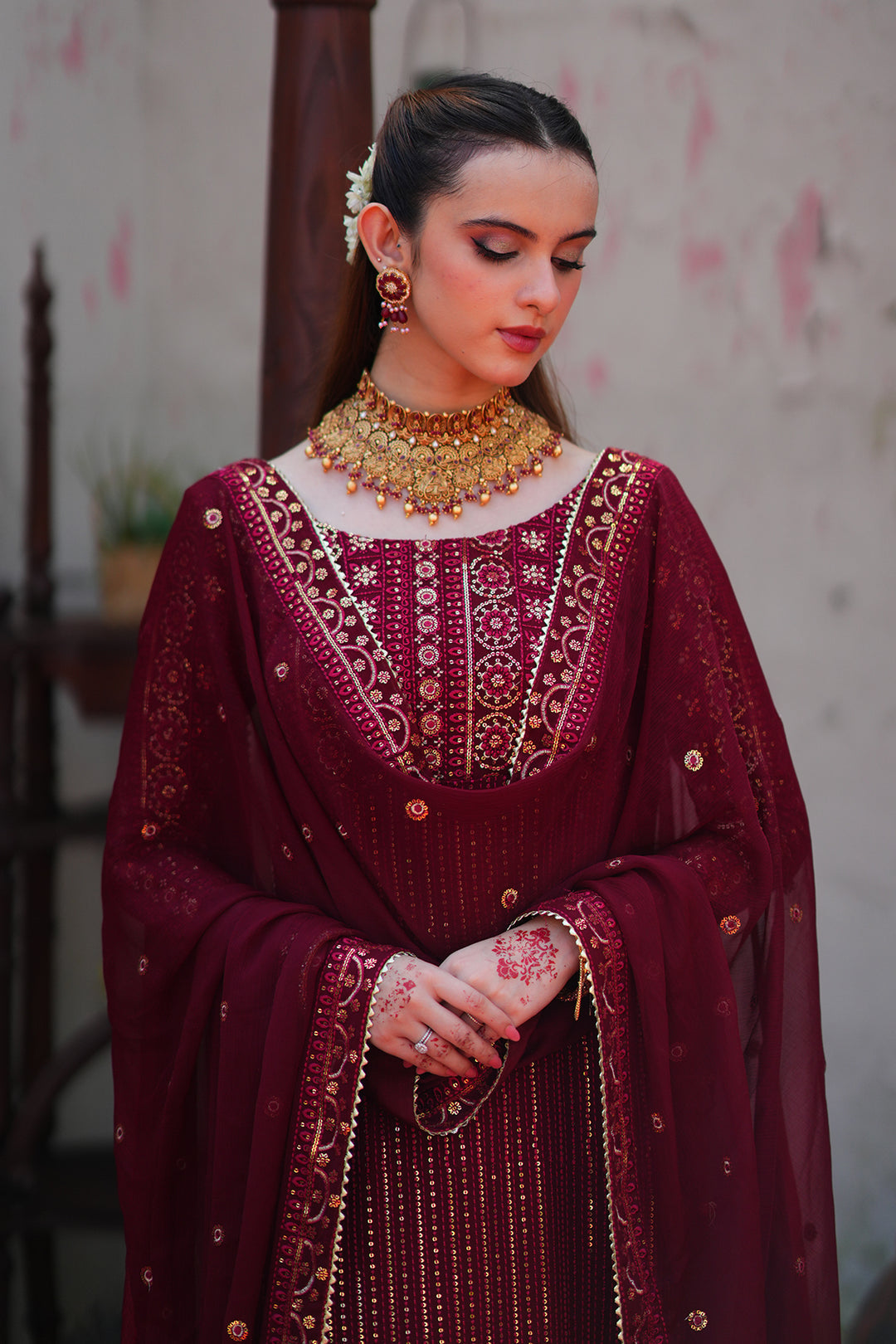 Mashal Maroon Long Shirt Sharara with Chiffon Dupatta For Women