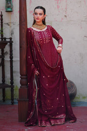 Mashal Maroon Long Shirt Sharara with Chiffon Dupatta For Women