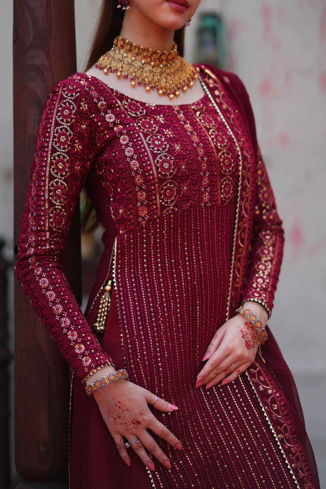 Mashal Maroon Long Shirt Sharara with Chiffon Dupatta For Women