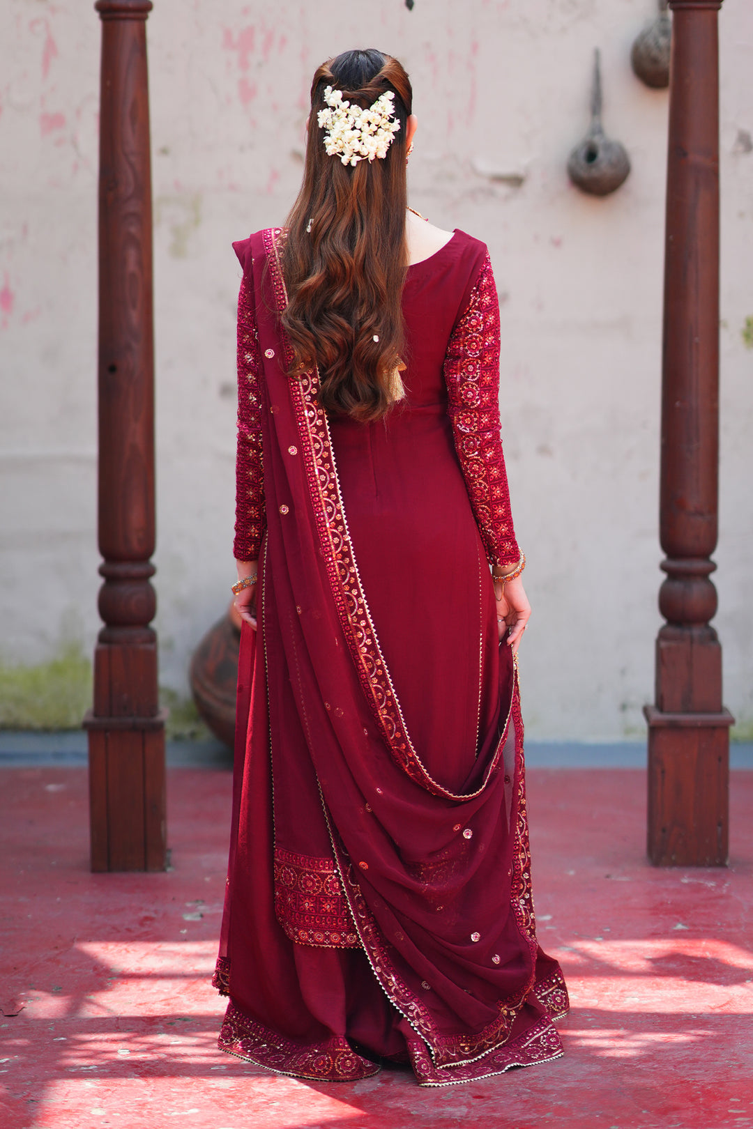 Mashal Maroon Long Shirt Sharara with Chiffon Dupatta For Women