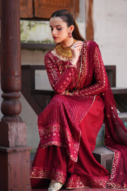 Mashal Maroon Long Shirt Sharara with Chiffon Dupatta For Women